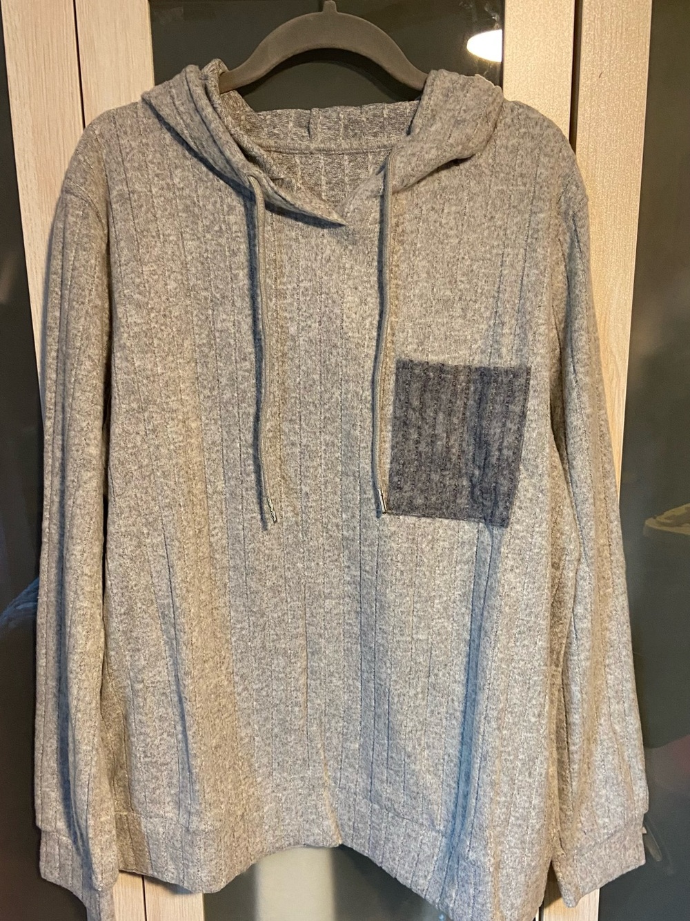 Ladies Gray Hooded Knit Pullover with Contrast Chest Pocket